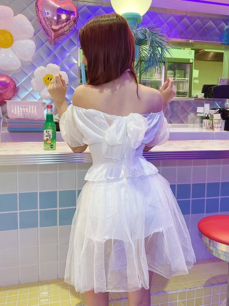 画像8: シフォンバックリボンオフショルギャザートップス (8)