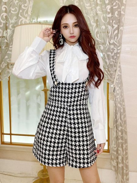 画像4: 【即日発送】千鳥柄オーバーオール&リボンブラウスセット (4)