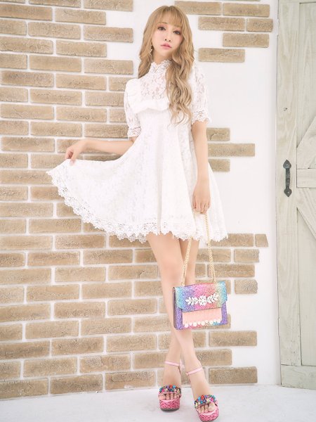 画像2: 【姉ageha9月号掲載】【値下げ!!】フラワーレースフレアショートスリーブミニワンピース (2)