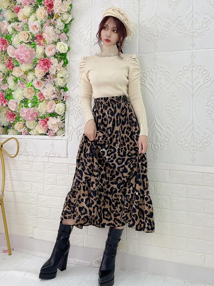 即日発送】レオパード裾フレアロングスカート - Riina couture