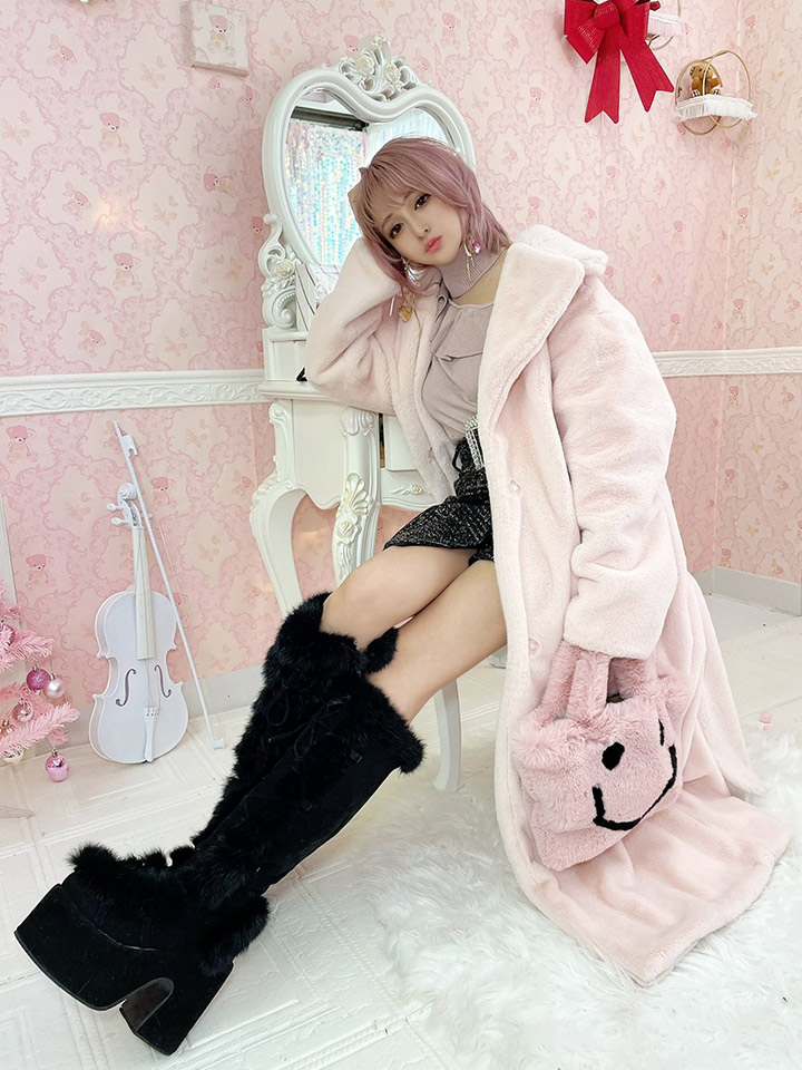 フェイクファーレースアップ厚底ロングブーツ - Riina couture