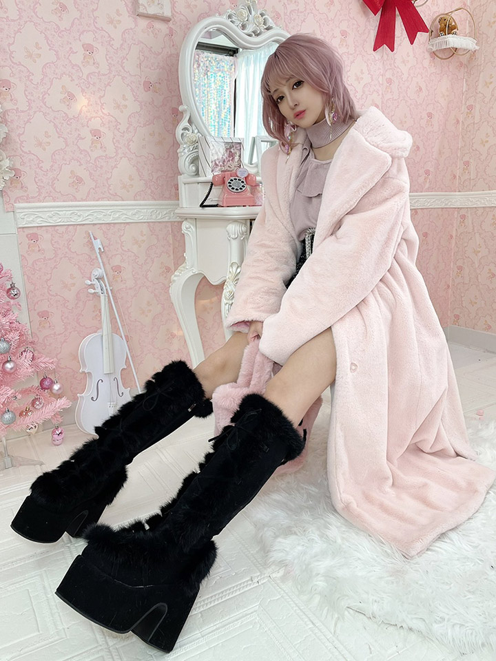 フェイクファーレースアップ厚底ロングブーツ - Riina couture