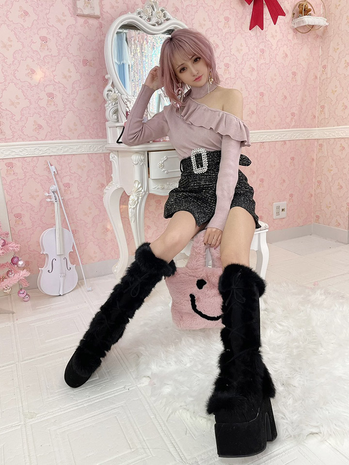 フェイクファーレースアップ厚底ロングブーツ - Riina couture
