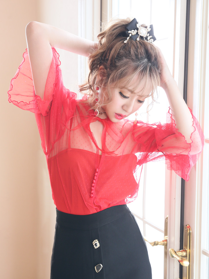 値下げ シースルーショート丈リボンブラウス Riina Couture