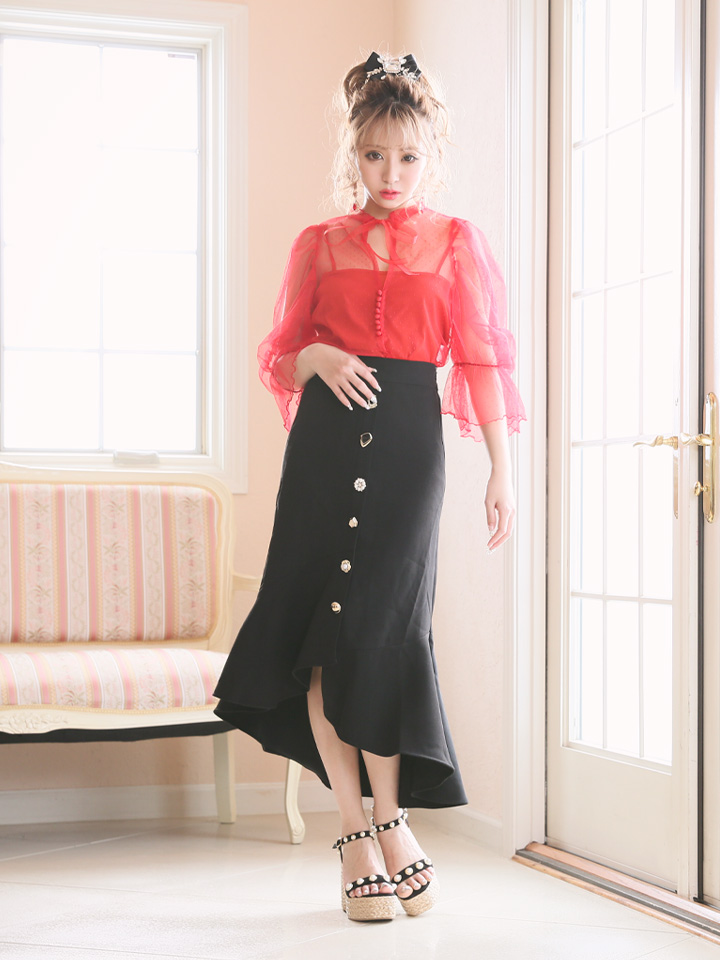 値下げ シースルーショート丈リボンブラウス Riina Couture